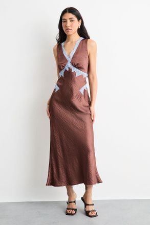 Warehouse Womens Lace Embroidered Insert Midi Bias Dress - Chocolate - Size 14 UK