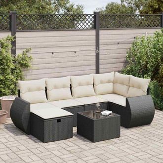 vidaXL Set De Sof&aacute;s De Jard&iacute;n 7 Pzas Con Cojines Rat&aacute;n Sint&eacute;tico Negro Vidaxl