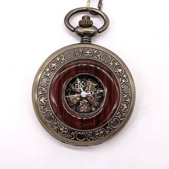 TruClothing Mechanical Skeleton Half Hunter Vintage Wooden Pocket Watch With Chain