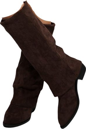 Generic Womens Fold Over Knee High Boots Pointed Toe Chunky Block Heel Platform Long Boots Wide Calf Slouchy Pull On Dress Tall Booties Riding Biker Boot Shoe