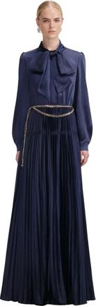 Self Portrait Satijnen Maxi Jurk met Strik in de Hals - Dames - Avondkleed - Blauw - XS - Satijn - Kleedjes