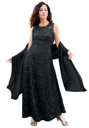 Roaman's Plus-Size Allover Lace Embellished Shawl Gown in Black at Nordstrom, Size 16