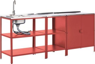 Beliani 3 Piece Outdoor Kitchen Set Red Stainless Steel 2 Storage Islands Cabinet Sink Single Lever Outdoor Kitchen Cooking Station VILAMA