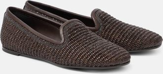 Brunello Cucinelli Leather-trimmed raffia slippers