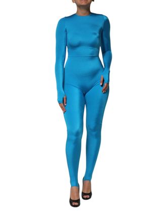 Dolce & Gabbana Womens Blue Nylon Crew Neck Bodycon Jumpsuit Dress Elastane