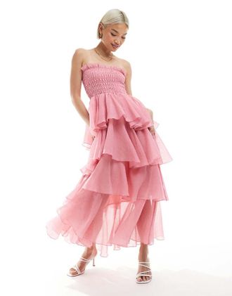 Vero Moda Vestito lungo rosa con volant a balze e corpino arricciato