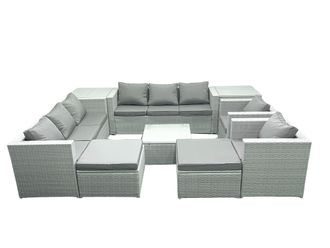 Fimous Outdoor Rattan Sofa Garden Furniture Set with 2 Armchairs Square Coffee Table 2 Big Footstools 2 Side Tables Light Grey Mixed