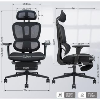 Elle Sedia da ufficio ergonomica in rete con poggiapiedi retrattile, doppio schienale, supporto lombare e braccioli 4D, nera