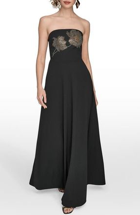 DKNY Placed Beaded Floral Strapless Gown in Black Multi at Nordstrom, Size 10