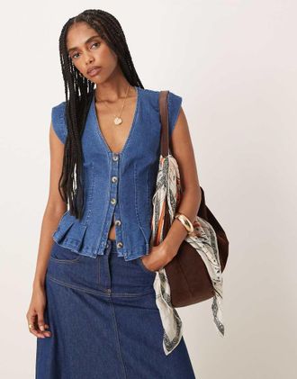 Free People Dylan - Gilet in denim blu medio con scollo a V