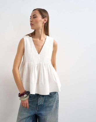 Topshop Top svasato con scollo a V e pinces bianco