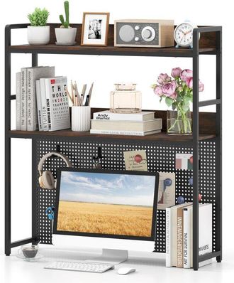 Costway Libreria da Scrivania a 2 Livelli, Scaffale da Tavolo Industriale per Monitor di Computer Fino a 32, Organizzatore di Stoccaggio con