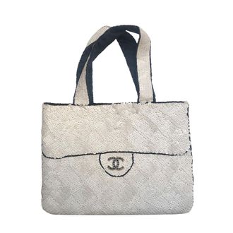 Chanel White Vintage CC Sequin Tote Bag