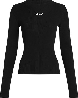 Karl Lagerfeld Tops, Dames, Zwart, S, Geribbelde Logo Longsleeve Top
