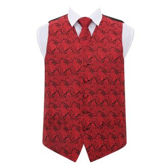 DQT Men Paisley Floral Wedding Waistcoat Neck Tie and Hanky Black & Red 36