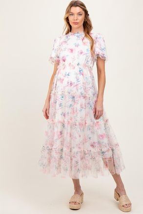 Pinkblush Floral Mesh Ruffle Tiered Midi Dress in Ivory at Nordstrom, Size X-Large