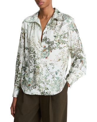 Vince Grape Vine Placed Smocked Silk Blouse