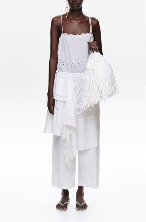Bimba & Lola Embroidered Asymmetrical Handkerchief Jumpsuit in White at Nordstrom, Size X-Small