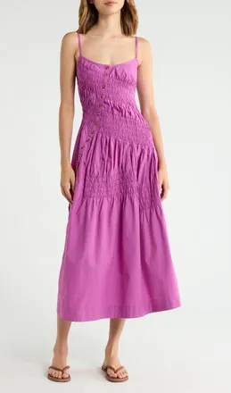 Damson Madder Lyra Sleeveless Shirred Midi Sundress in Magenta at Nordstrom, Size 12