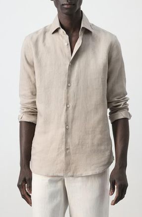 Mango Slim Fit Linen Button-Up Shirt in Sand at Nordstrom, Size Medium