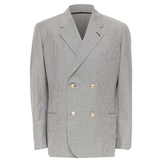 Versace grey wool micro houndstooth gold Medusa double breasted blazer EU50 L