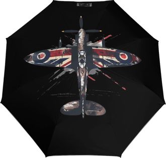 Generic WW2 Spitfire Iconic British Airplane Distressed UK Jack Flag Travel Umbrella Compact Folding Umbrella Windproof Auto Umbrellas for Rain