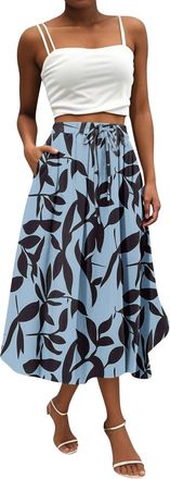 Generic Midi Skirts for Women UK, Womens Flowy Elastic High Waist Skirts Summer Boho Floral Pattern Print Casual A Line Midi Skirt with Pockets for Beach Holi