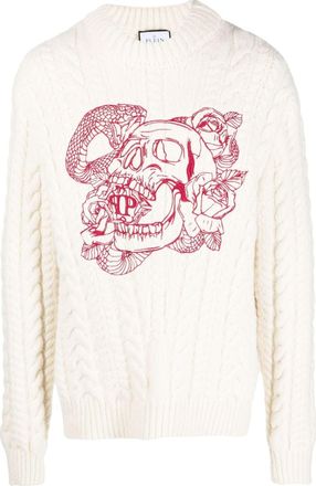 Philipp Plein skull-embroidered cable-knit sweatshirt - men - Wool/Nylon - XXXL - White