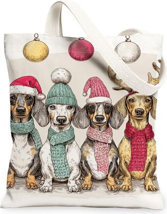 Generic Christmas Dogs Canvas Tote Bags, Adorable Animal Illustration Reusable Grocery Bags, Holiday Lightweight Washable Shoulder, White, 13x15 Inch