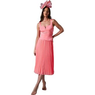 Coast Peplum Cross Detail Pleated Midi Dress in Coral at Nordstrom, Size 10