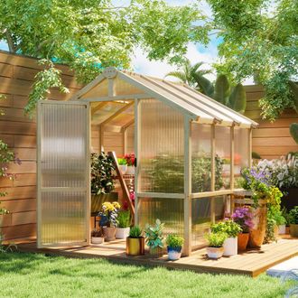 OUTSUNNY 6.6 x 6ft Wooden Polycarbonate Greenhouse with Lockable Door, Brown
