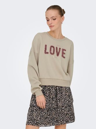 Only Sweater ONLY ONLKIARA L/S O-NECK CHIFFON MIX SWT, Damen, Gr. XL, string print:love, Sweatware, Obermaterial: 60% Baumwolle, 40% Polyester, bedruckt, r