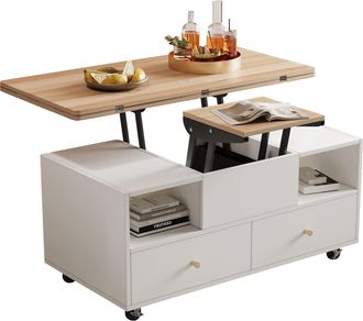 STILVORA Mesa De Centro Elevable Con Tablero Abatible, 4 Cajones Y Ruedas Con Freno, En Mdf, 100&times;50&times;47,5 Cm, Madera Natural