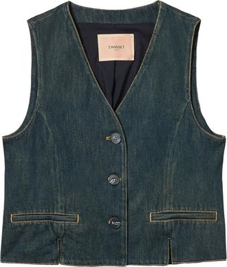 Twinset V-hals Vest - Dames - Bodywarmers - Blauw - XS - Katoen - Jassen