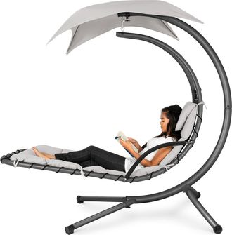 Best Choice Products Hanging Curved Chaise Lounge Chair Swing for Backyard, Patio w/ Pillow, Shade, Stand