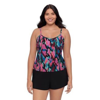 Trimshaper Farrah Scoopneck Swim Romper with Pockets in Collage Patch at Nordstrom, Size 12