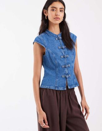 Asos top in denim con colletto alla coreana blu medio