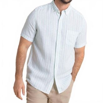 Southern Tide Crepe Myrtle Striped Linen Short Sleeve Button Down Shirt In Jade Green