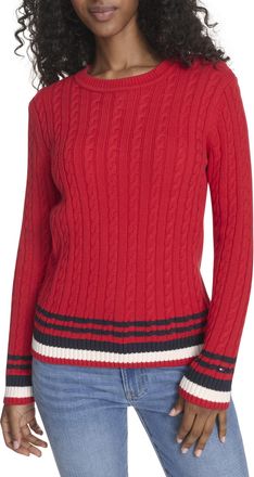 Tommy Hilfiger Womens Cotton Crewneck Cable Sweater, Scarlet Multi, Small