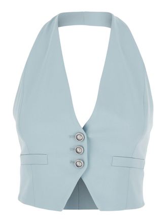 Pinko Light Blue Crop Vest With Halter Neckline And Button Closure In Viscose Woman