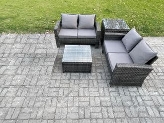 Fimous Rattan Garden Furniture Set 4 piece Patio Rattan Furniture Sofa Weaving Wicker includes 2 Double Seat Sofa, Coffee Table & Side Table
