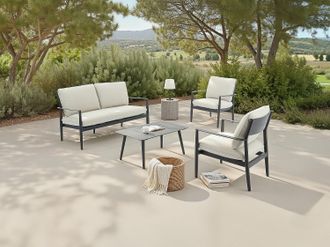 Vente-Unique Salotto da giardino in alluminio: un divano a 2 posti, 2 poltrone e 1 tavolino Antracite con cuscini beige - TAVINYA di MYLIA