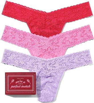 Hanky Panky Signature Lace Low Rise Thong 3-Pack Matchbook Womens Underwear Cool Lavender Purple/Taffy/Coral, Cotton/Lace/Nylon