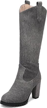 Generic Womens Fashion V-Cut Wide Calf Knee High Boots Round Toe Chunky High Heels Pull On Western Cowgirl Shoes (7.5,Grey)