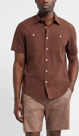 Nordstrom Solid Short Sleeve Cotton Blend Seersucker Button-Up Shirt in Brown Rock at Nordstrom, Size Xx-Large