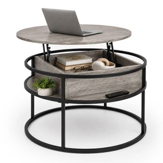 Relaxdays Mesa De Centro Relaxdays Con Almacenaje (al X &Oslash;) 47 X 80 Cm, Tapa Elevable, Mdf/metal, Redonda, Marr&oacute;n Claro/negro