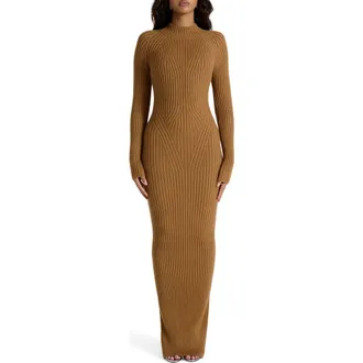 Naked Wardrobe Long Sleeve Body-Con Maxi Dress in Camel at Nordstrom, Size X-Small