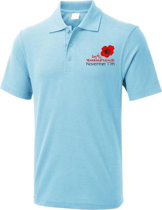 Generic Embroidered Day of Remembrance 11th November Polo T Shirt, British Military, Soldiers T Shirt, British Veterans, Adults Unisex Polo T Shirt Sky Blue