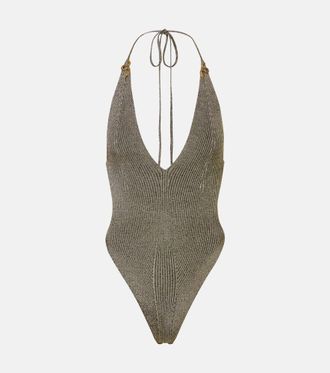 Roberto Cavalli Embellished halterneck lam&eacute; bodysuit