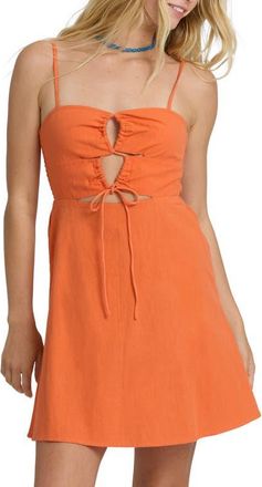 Billabong Lima Ruched Smocked Cotton & Linen Mini Sundress in Saffron at Nordstrom, Size X-Large